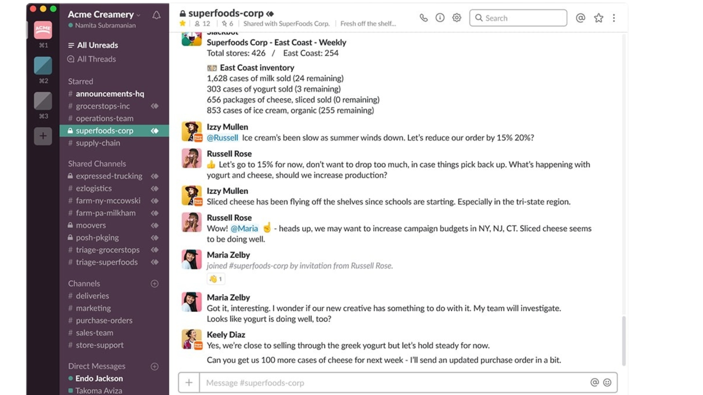 Slack workspace dashboard showing multiple community channels and active member conversations.